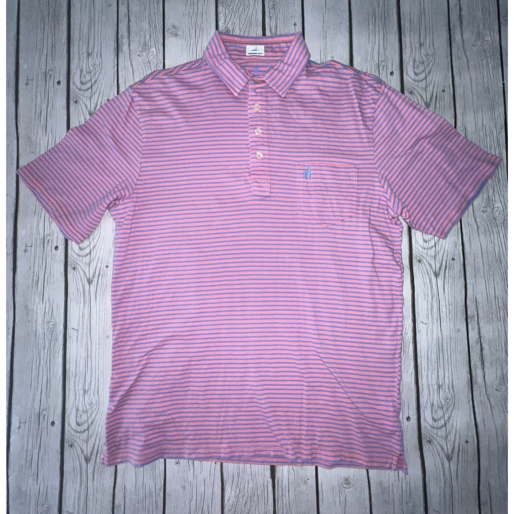 Johnnie O Polo Mens M Pink Blue Striped Button Up Short Sleeve Pocket Casual